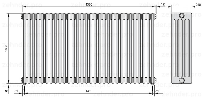 Схема (чертеж) Радиатор Zehnder Charleston 6180/30 №5310 Белый глянцевый RAL 9016